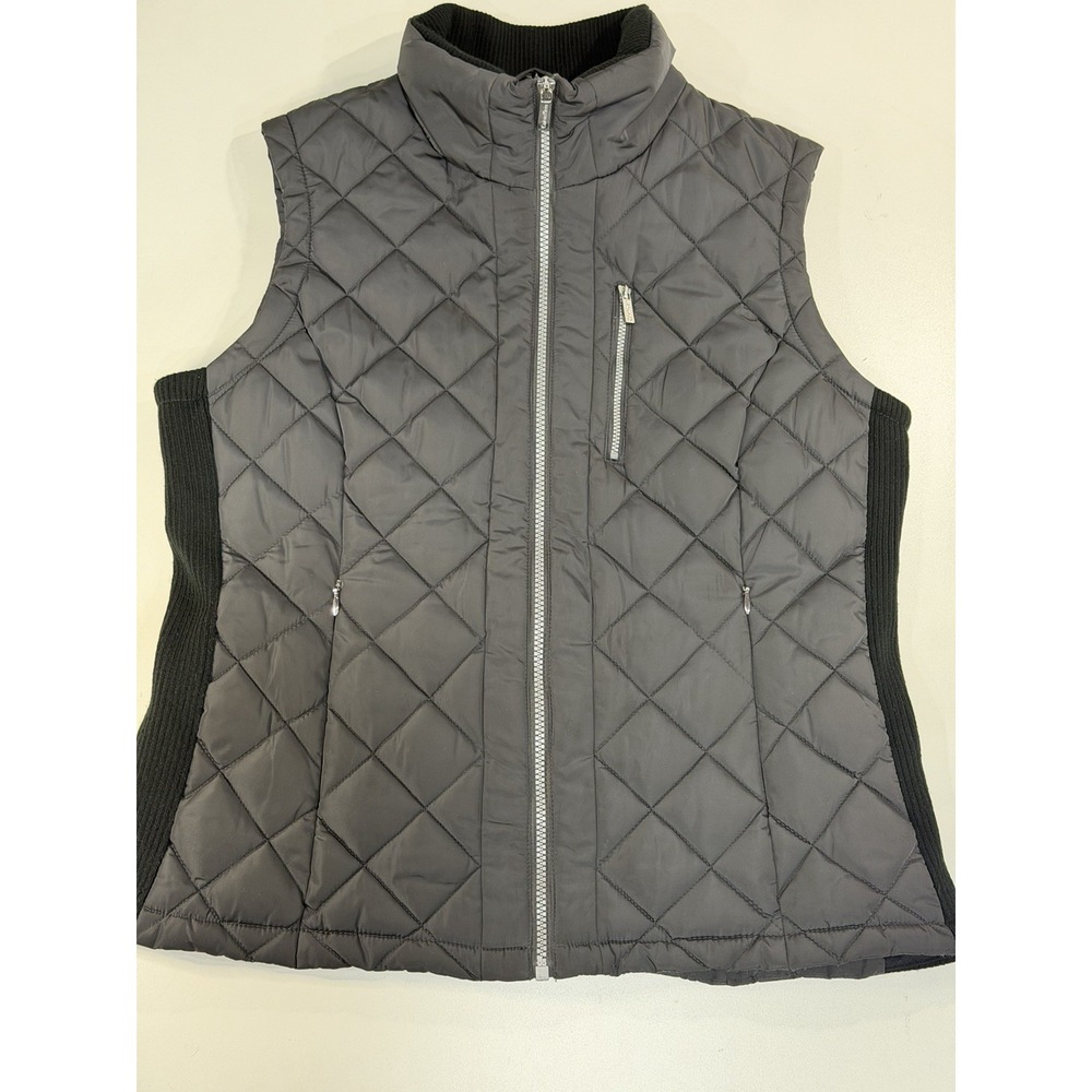 Calvin Klein Quilted Puffer Vest Womens M Gray Full Zip Stretch Side Panels